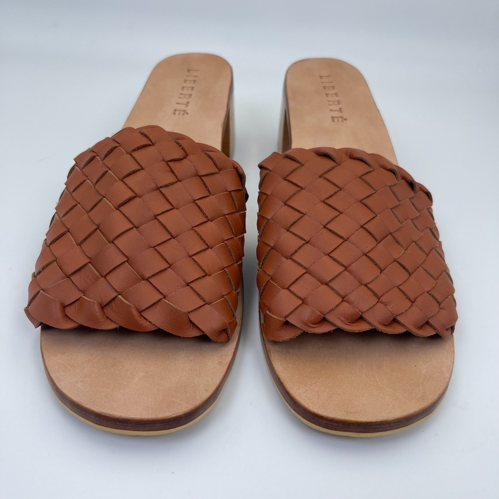 Liberté Santorini Mule Women US 12 Cognac Leather Woven Block Heel Slip On Shoes - Picture 2 of 10